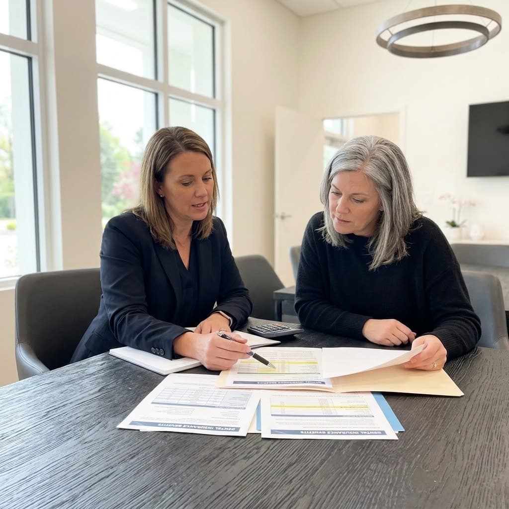 Two people reviewing dental insurance documents at a table.