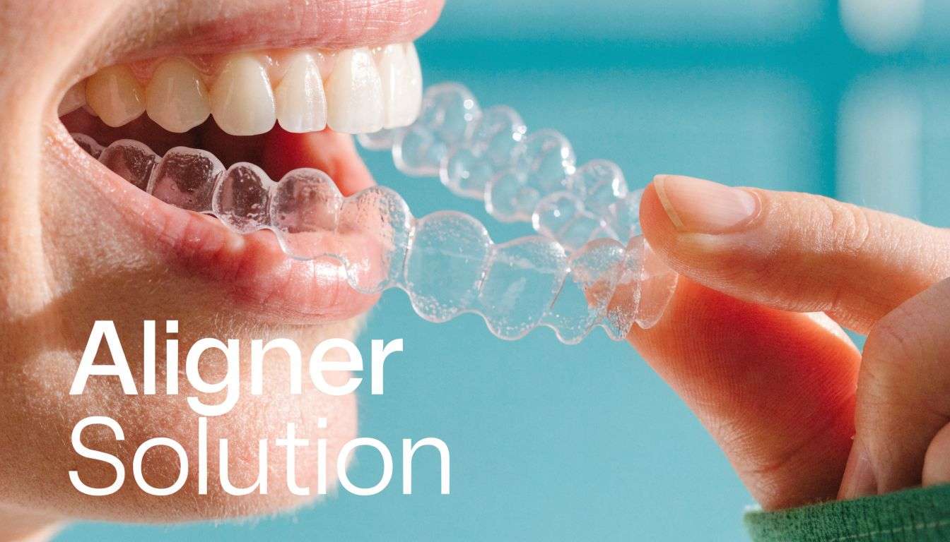 A close up view of a person holding a clear plastic dental aligner near their teeth