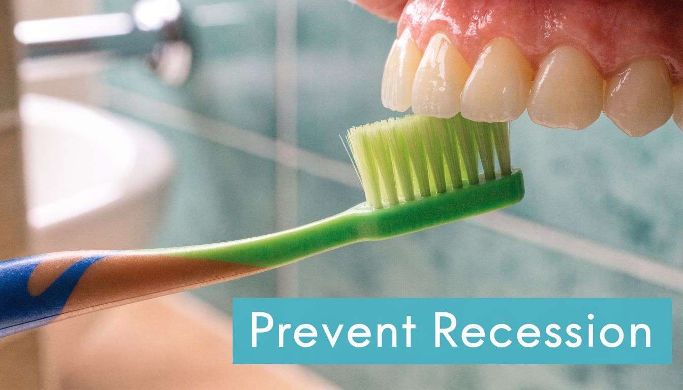 A close-up view of a green toothbrush cleaning teeth to help prevent gum recession.