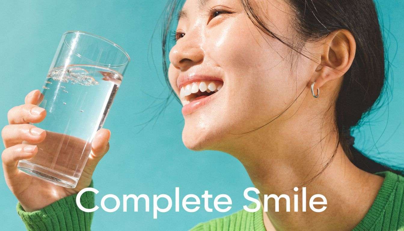 A happy young woman with a healthy, complete smile holding a glass of clear water.