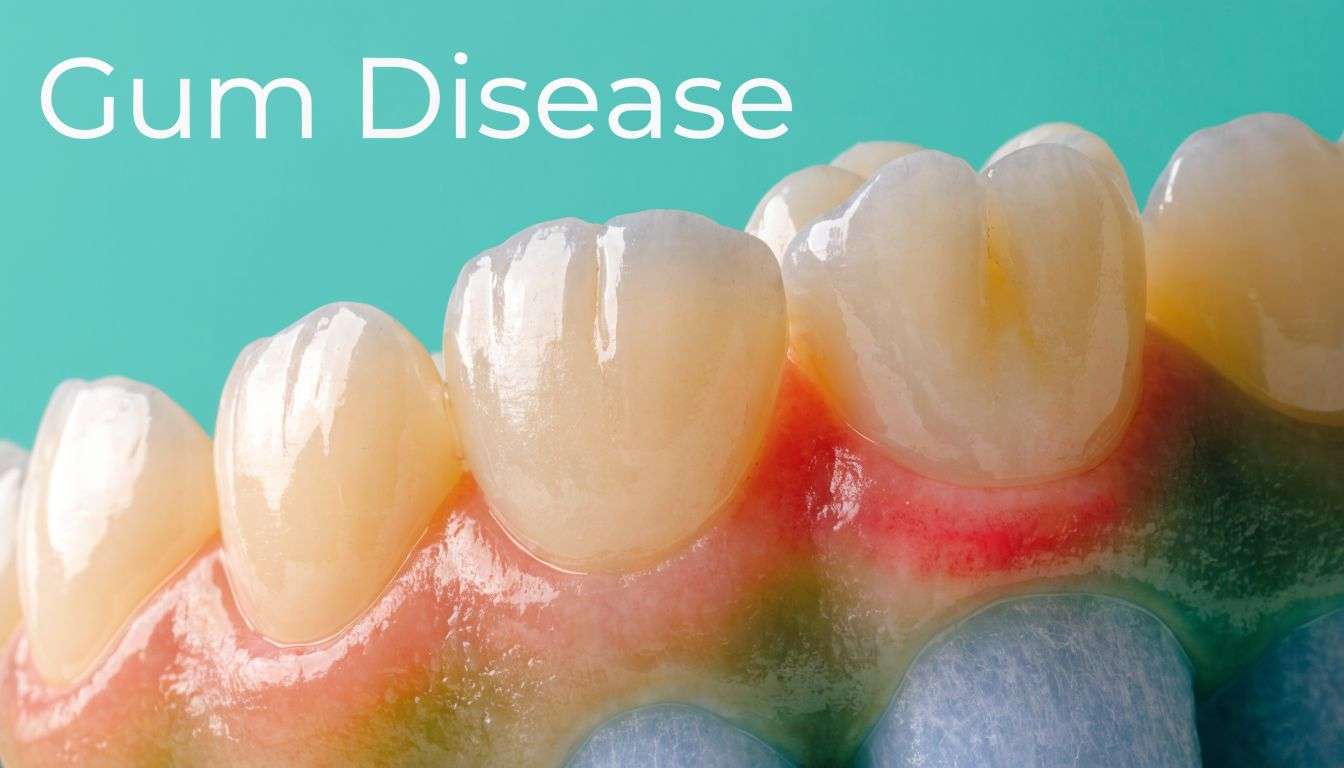 A close-up view of teeth and gums showing signs of gum disease, including inflammation and redness.