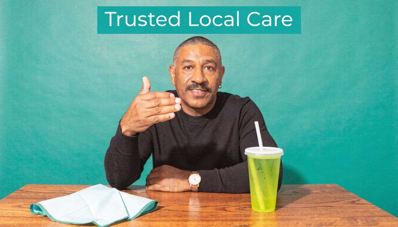 A friendly man sitting at a table with a dental napkin and a cup, looking at the camera.