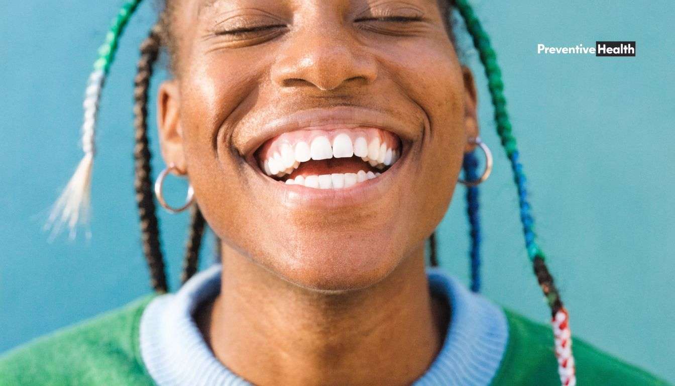 Close-up of a person with a bright, healthy smile laughing against a vibrant teal background.