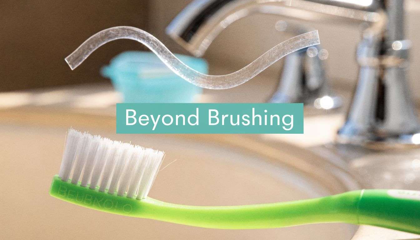 A green toothbrush and a piece of dental floss displayed in a bathroom sink area.