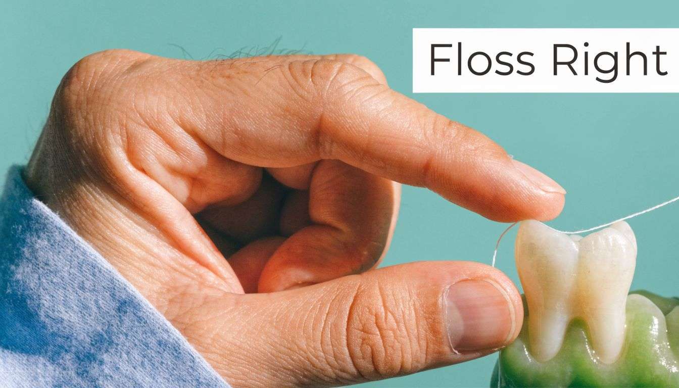 A close-up of a person demonstrating how to floss teeth correctly using a dental model.