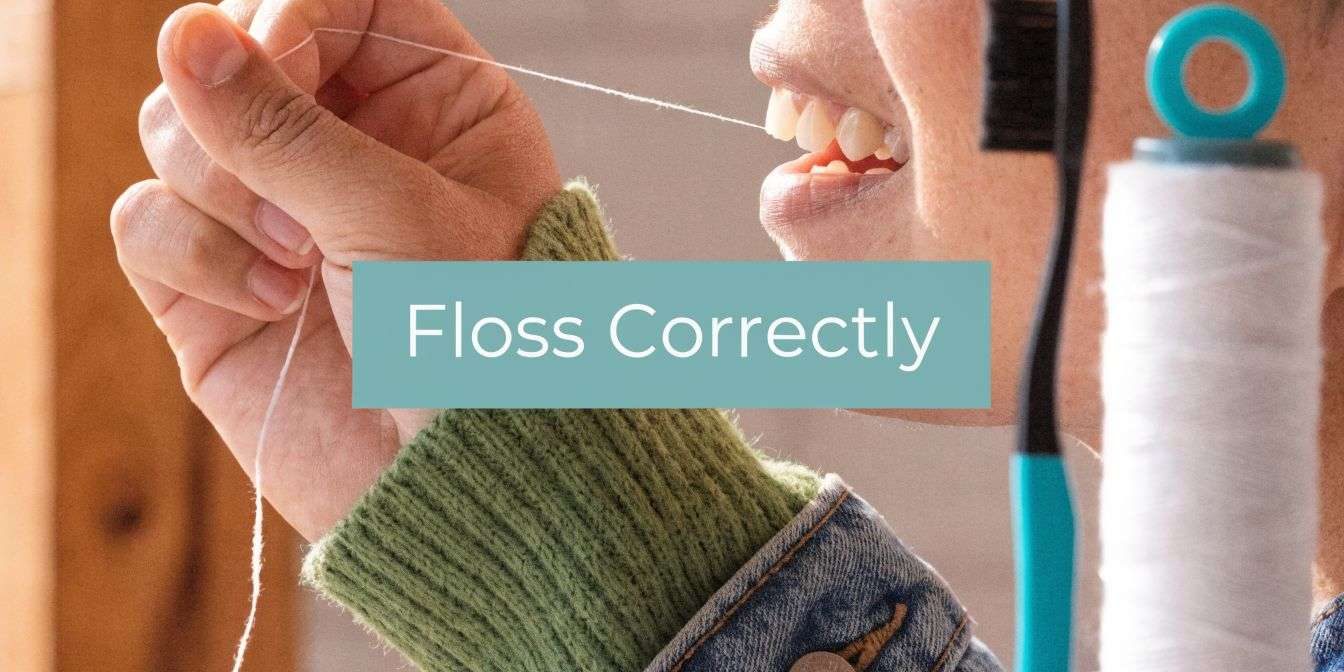 how-to-floss-teeth-correctly-dental-hygiene Person flossing between teeth using dental floss, demonstrating correct technique.
