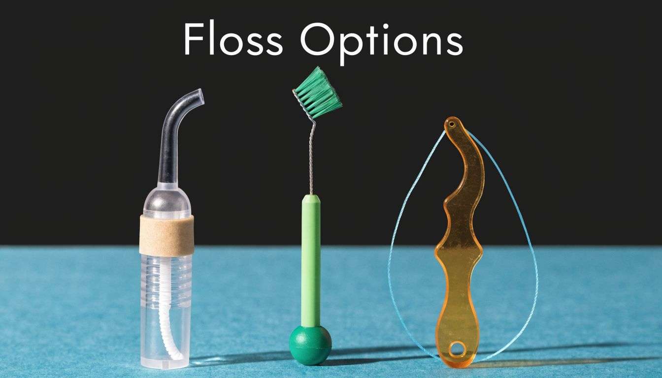 Three different types of dental cleaning tools for flossing teeth arranged on a blue surface.