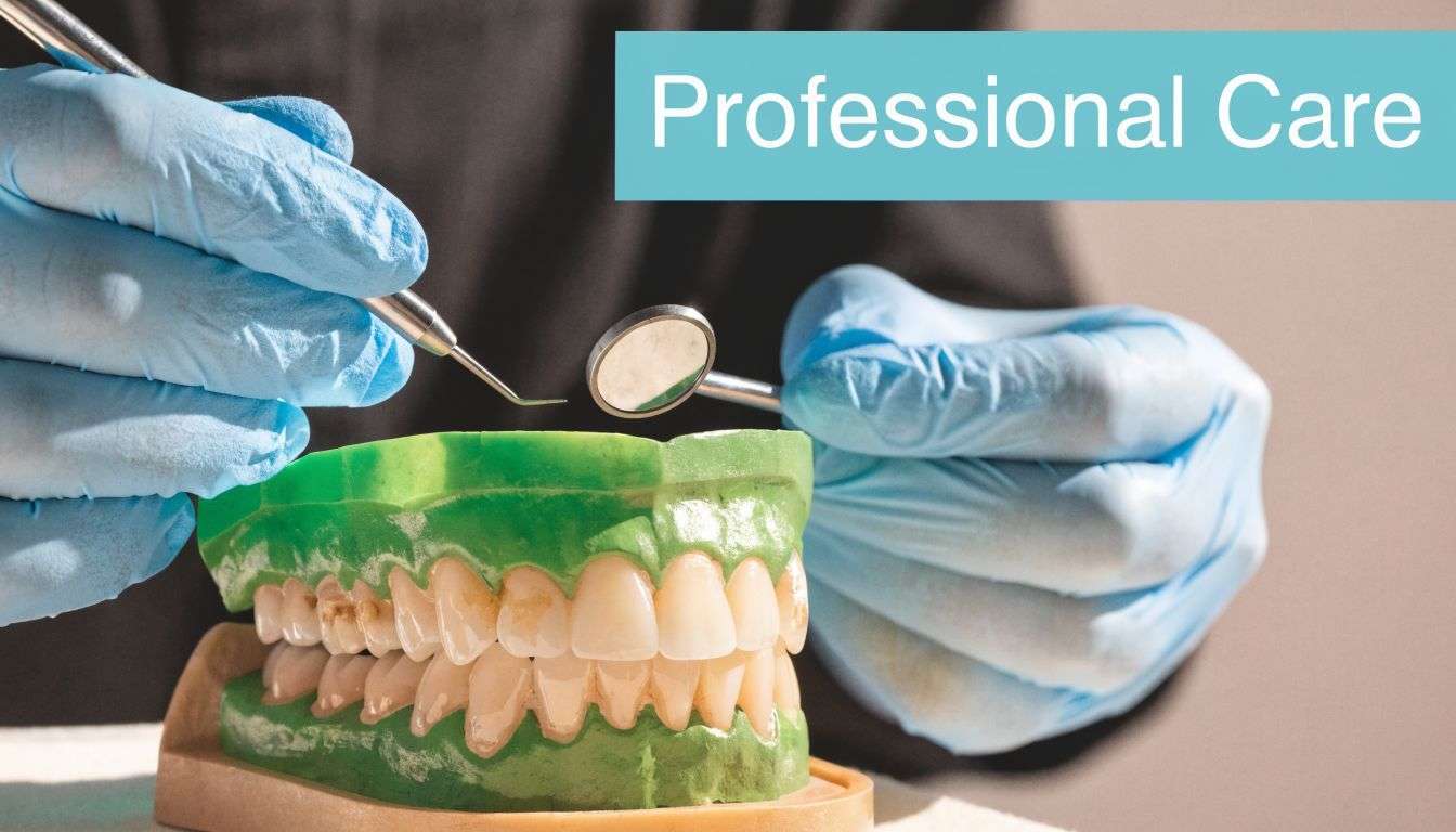 A dentist wearing blue surgical gloves examines a green dental model with professional tools in a clinic.