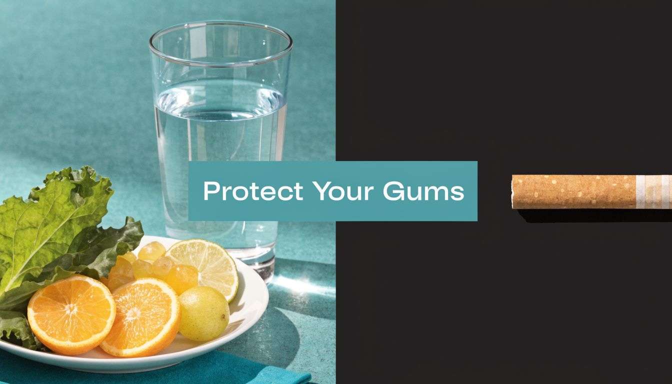 A split image showing healthy citrus fruits and water alongside a cigarette to illustrate gum health.