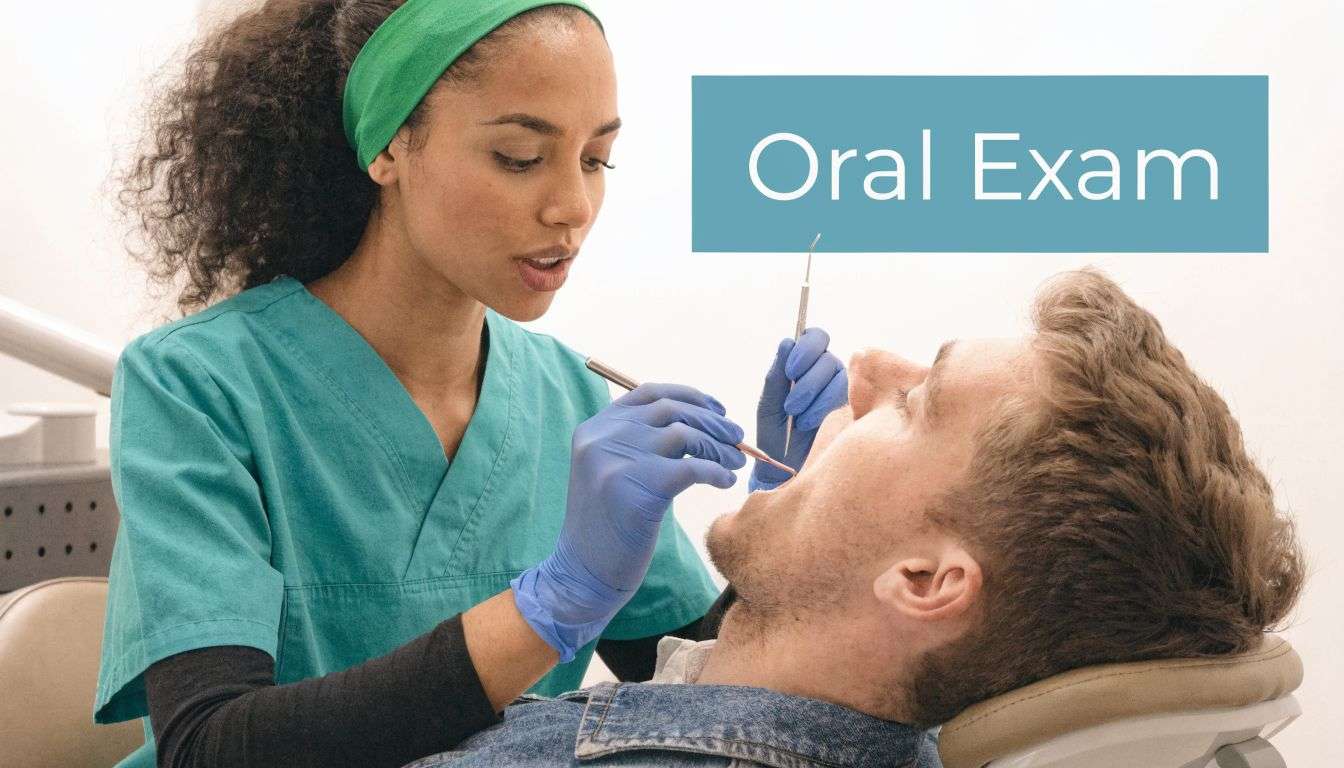 A professional dentist in green scrubs performs an oral examination on a patient in a dental chair.