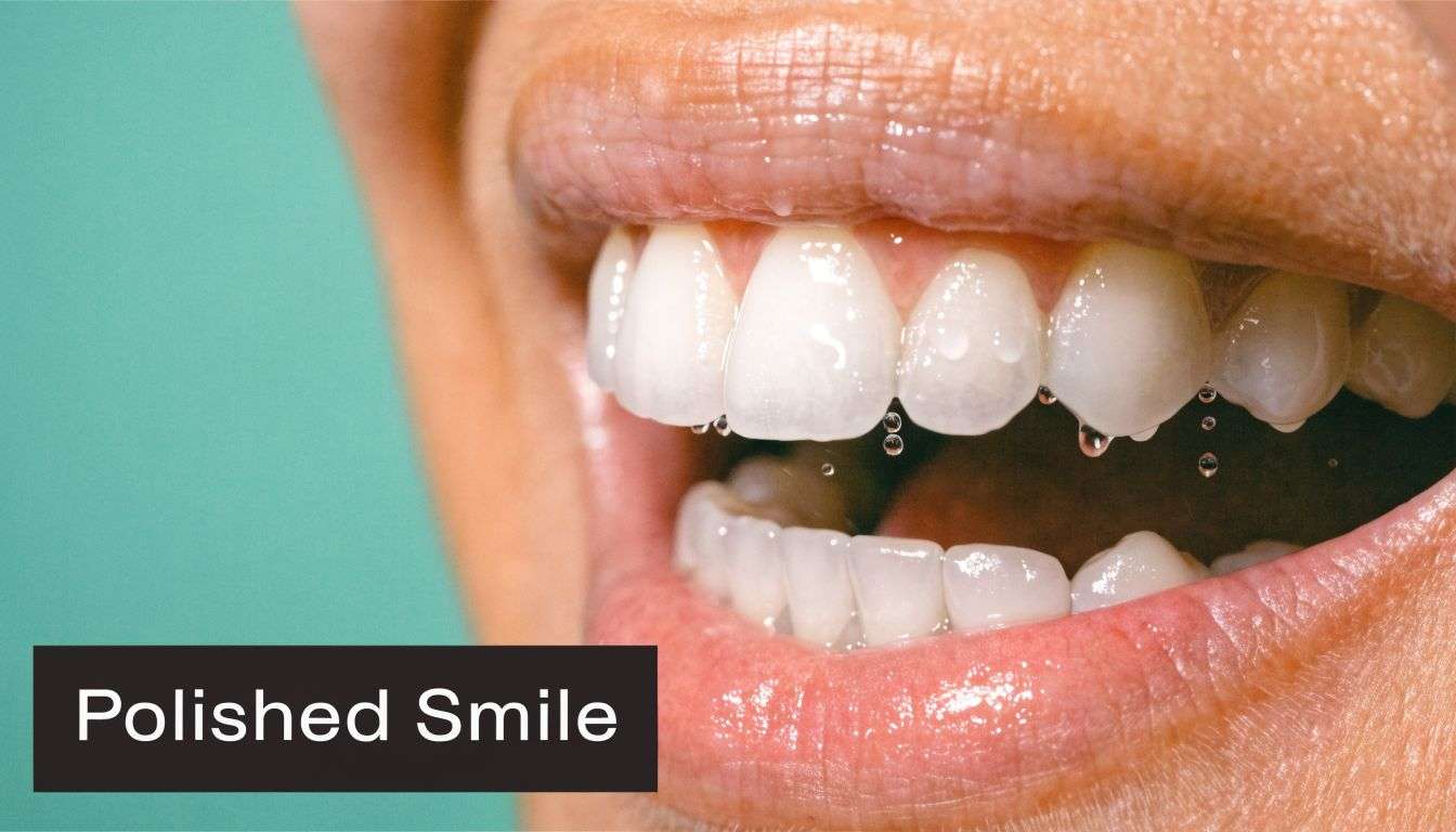 A close-up view of a person smiling with sparkling clean teeth, featuring water droplets on them.