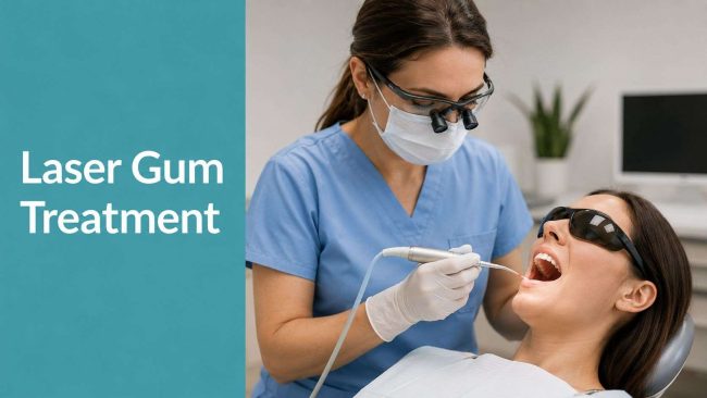 laser-gum-treatment-dental-procedure Dental professional in blue scrubs, mask, and magnifying loupes treating a patient with a laser on the gums (text: 'Laser Gum Treatment' shown).