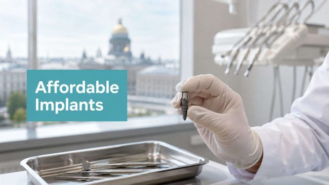 affordable-dental-implants-dental-implant Gloved hand holding a dental implant screw over a tray of instruments; teal banner reads 'Affordable Implants' with a city view in the background.