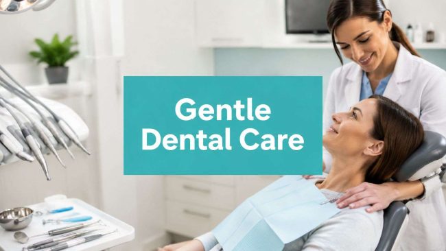 gentle-dental-care-dentist-consultation Dental chair with a smiling patient and a nurse, overlaid by a teal sign that reads 'Gentle Dental Care'