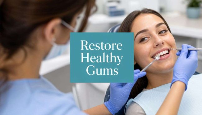 gum-disease-treatment-dental-examination Dentist in blue gloves treats a patient while a teal banner reads 'Restore Healthy Gums'.