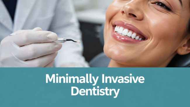 minimally-invasive-cosmetic-dentistry-dental-procedure Dentist in gloves using a dental tool near a smiling patient, illustrating minimally invasive dentistry.