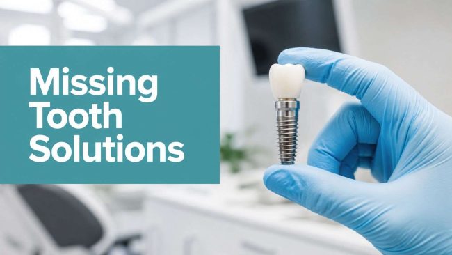 missing-tooth-solutions-dental-implant Dental implant being held by gloved hand next to a teal panel reading 'Missing Tooth Solutions'—advertising dental restoration services.