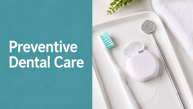 preventive-dental-care-dental-tools Banner-style image: teal panel with 'Preventive Dental Care' text beside dental tools on a white tray (toothbrush, floss, mirror)