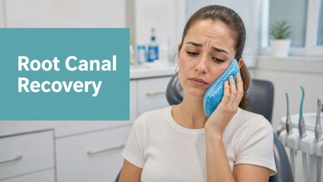 root-canal-recovery-time-dental-pain Woman in a dental clinic holding a blue ice pack to her cheek, next to a teal panel that reads 'Root Canal Recovery'