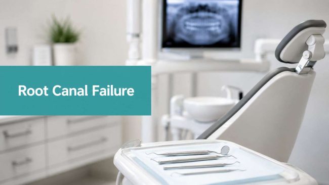 signs-of-root-canal-failure-dental-tools Teal banner on a dental chair reads 'Root Canal Failure' in a modern clinic setting with dental tools visible in the foreground.