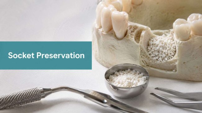 socket-preservation-dental-model Dental model showing socket preservation with bone graft material in a tooth socket; dental instruments in the foreground.